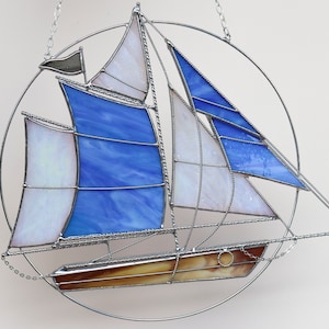 Stained Glass Suncatcher sailing ship. Window Wall Decoration. Sailing vessel Blue Decorations. Sun Catcher