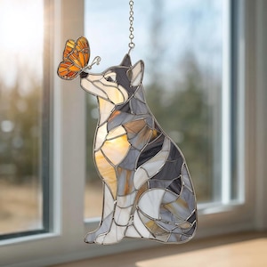 Husky Suncatcher with Butterfly: ACRYLIC NOT GLASS Dog Window Hanging Unique Gift for Dog Lovers, Dog Memorial Gift, Pet Loss Gift