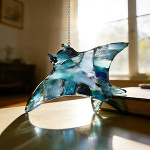 Handmade Manta Ray Stained Glass Suncatcher, Iridescent Ocean Blue Window Hanging, Coastal Beach Home Decor, Gift for Ocean Lovers & Him