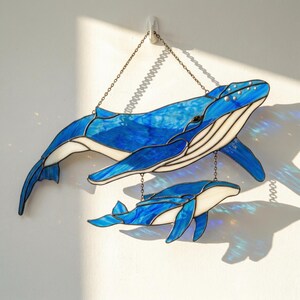 Stained Glass Whale Suncatcher, Mother and Baby Whale Hanging, Window Hanging, Home Decor, Ocean Coastal Decor, Mother's Day, Gift For Her