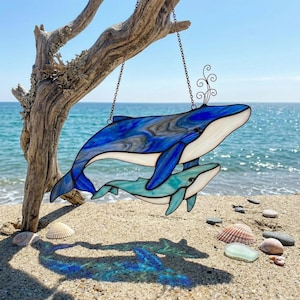 Whale Mother and Baby Stained Glass Sun Catcher, Ocean Nursery Decor, Whale Gift for Mom, Coastal Window Hanging, New Mom Baby Shower Gift