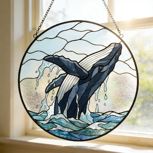 Humpback Whale Ocean  Glass Suncatcher,Nautical Marine Window Hanging,Sea Wave Suncatcher,Coastal Home Decor,Marine Life Lovers Gift