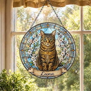 Custom Cat Portrait Stained Glass Suncatcher, Cat With Name Suncatcher, Cat Lovers Gift, Sleeping Cat on Moon, Pet Loss Gift, Pet Candle