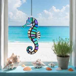 Seahorse Stained Glass Suncatcher Beach Window Decor, Iridescent Ocean Sea Horse Acrylic Ornament Nautical Gift